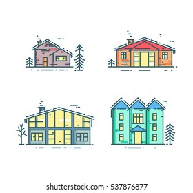 Colorful line houses icon set. Different Estate collection in flat linear style isolated on white 