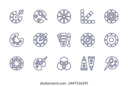 Conjunto de iconos de línea colorida. Trazo editable. Ilustración vectorial. Contiene paleta de colores, tubo de pintura, selector de color, pintura, color, rueda, cromático, paleta de pintura, muestra de color, pantone.