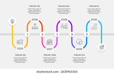 Colorful line infographic with waves moving forward. Timeline, Plan, Milestone and Presentation. Vector illustration.