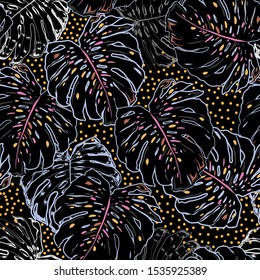 Colorful Line monstera leaves mixed with polka dots seamless pattern vector ,Design for fashion ,fabric,wallpaper,web and all prints on black background color