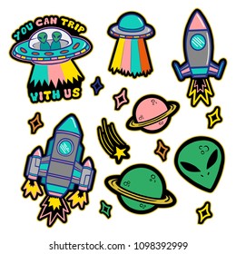 Colorful line set icons with patches stickers with stars alien UFO spaceships planets. Modern vector style mascot logo trendy print on kids clothes t shirt sweatshirt poster.