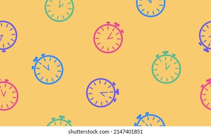 Colorful line stopwatch icon isolated seamless pattern on yellow background. Time timer sign. Chronometer sign. Vector