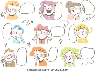 Colorful line style of person icon with dialog box.Cute comic of avatars talk bubbles.Stylish fashion young people conversation with variety expression.Hand drawn Curly hair people chat blank.message