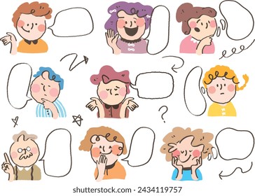 Colorful line style of person icon with speech bubble.Cute comic of avatars dialogue cloud. Stylish fashion young people conversation with variety expression.Hand drawn kids chat balloon. message memo