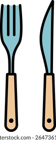 Ilustração vetorial de linha colorida de garfo e faca em fundo branco|ícone de talheres de cozinha, louças, design plano