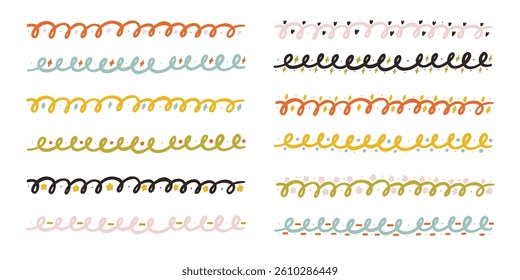 Colorful Line Wavy Border Set. Wave Undulate Squiggle Border Wiggle Frame Collection. Doodle Vector Illustration