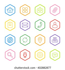 colorful line web icon set with hexagon frame for web design, user interface (UI), infographic and mobile application (apps)