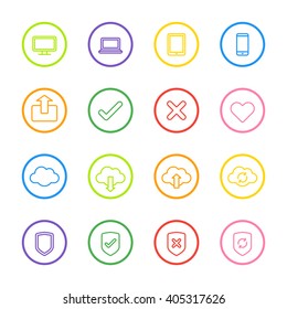 colorful line web icon set with circle frame for web design, user interface (UI), infographic and mobile application (apps)