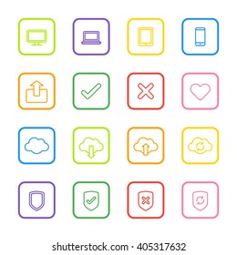 colorful line web icon set with rounded rectangle frame for web design, user interface (UI), infographic and mobile application (apps)