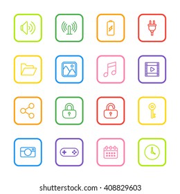 colorful line web icon set with rounded rectangle frame for web design, user interface (UI), infographic and mobile application (apps)