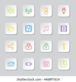 colorful line web icon set on white rounded rectangle button for web design, user interface (UI), infographic and mobile application (apps)
