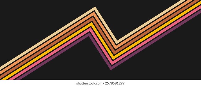 Colorful linear background in 70's style. Retro panel with rainbow stripes. Template for posters, banners, decorative elements and wall art. Design and creativity idea