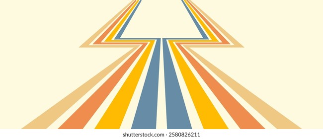 Colorful linear background in 70's style. Retro panel with rainbow stripes. Template for posters, banners, decorative elements and wall art. Design and creativity idea