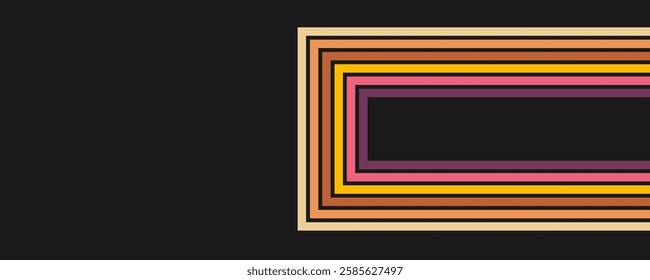 Colorful linear background in 70's style. Retro panel with rainbow stripes. Template for posters, banners, decorative elements and wall art. Design and creativity idea