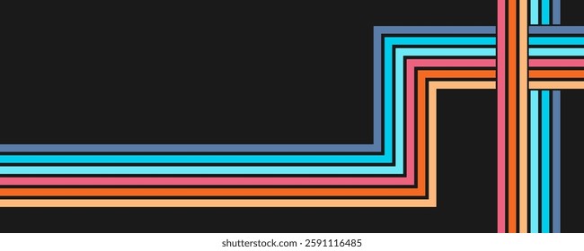 Colorful linear background in 70's style. Retro panel with rainbow stripes. Template for posters, banners, decorative elements and wall art. Design and creativity idea
