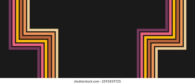 Colorful linear background in 70's style. Retro panel with rainbow stripes. Template for posters, banners, decorative elements and wall art. Design and creativity idea