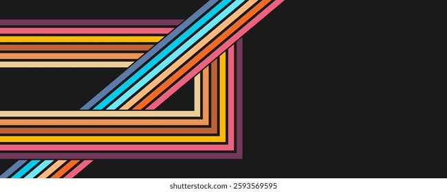 Colorful linear background in 70's style. Retro panel with rainbow stripes. Template for posters, banners, decorative elements and wall art. Design and creativity idea