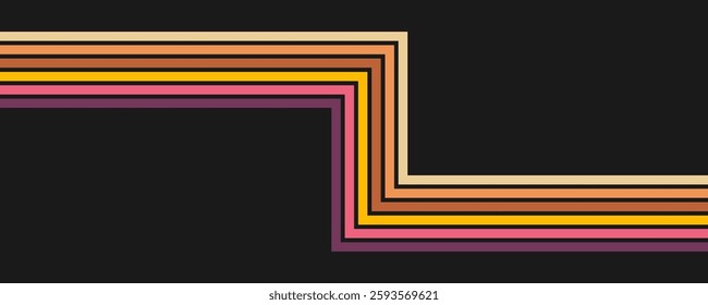 Colorful linear background in 70's style. Retro panel with rainbow stripes. Template for posters, banners, decorative elements and wall art. Design and creativity idea