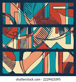 Colorful linear background with different geometric shape elements. Modern graphic pattern illustration template