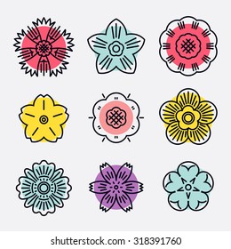 Colorful linear geometric flowers and blossoms collection | Thin line flower symbols and graphic elements. Ideal for labels, insignia and branding designs