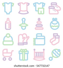 Colorful linear icons set of baby's clothes, toys, food. Vector illustration