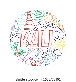 Colorful linear illustration of Bali. Round pattern with the main symbols of Bali, isolated elements. Can be used as a sticker,  prints for t-shirts and cups, cards, posters.