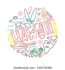 Colorful linear illustration of Hawaii. Round pattern with the main symbols of Hawaii, isolated elements. Can be used as a sticker,  prints for t-shirts and cups, cards, posters.