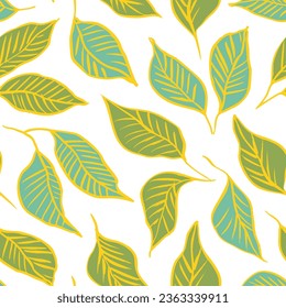 Colorful linear leaves seamless pattern. Hand drawn pen drawing of tropical leaves with veins. Botanical ornament with contour multi colored foliage. Botanical modern natural wallpaper.