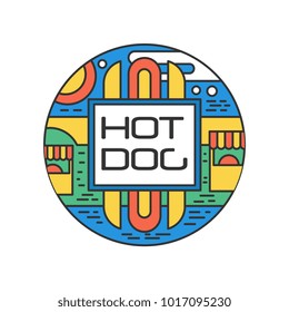 Colorful linear logo with hot dog. Abstract round-shaped sticker for food festival. Concept of street eating. Original vector design for label, emblem, badge