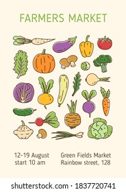 Colorful linear poster for farmers market with various vegetables and salad greens. Vertical placard with organic vegetarian products and a place for text. Vector line art illustration