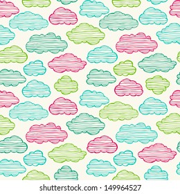 Colorful linear seamless childish texture with clouds. Doodle striped clouds, endless pattern. Template for design fabric, backgrounds, covers, package