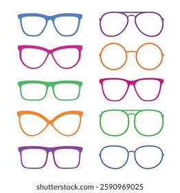 Colorful linear set of isolated modern transparent glasses silhouettes, eyeglasses, spectacles and sunglasses icons