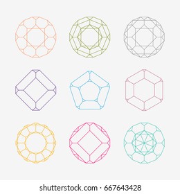 Colorful Linear Shapes. Geometry Figures. Circle Shapes Set. Crystal Forms. Outline Mandala Frames. Crystal Form. Gems.