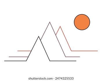 Colorful linear three triangle mountain top with circle orange sun doodle icon flat vector design. Isolated on white background.