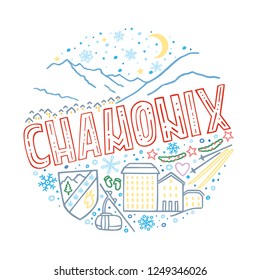 Colorful linear vector illustration of Chamonix. Round winter pattern with the main symbols of Chamonix with isolated elements. Can be used as a sticker, print for t shirts, posters, cards, articles
