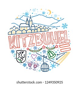 Colorful linear vector illustration of Kitzbühel. Round winter pattern with the main symbols of Kitzbühel with isolated elements. Can be used as a sticker, print for t shirts, posters, cards, articles