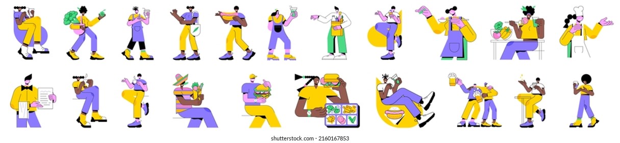 Colorful linear vector illustration set of isolated characters. Cafe and bar clients, restaurant chef and waiter, cooking meal recipes, street food snack, beer pub, shopping in grocery store.