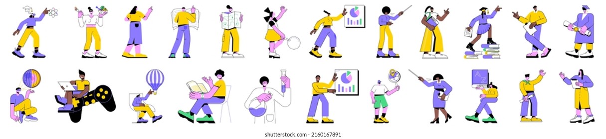 Colorful linear vector illustration set of isolated students in learning process. Distance web learning tools, school college activity, read a book, happy students with diploma, high education.