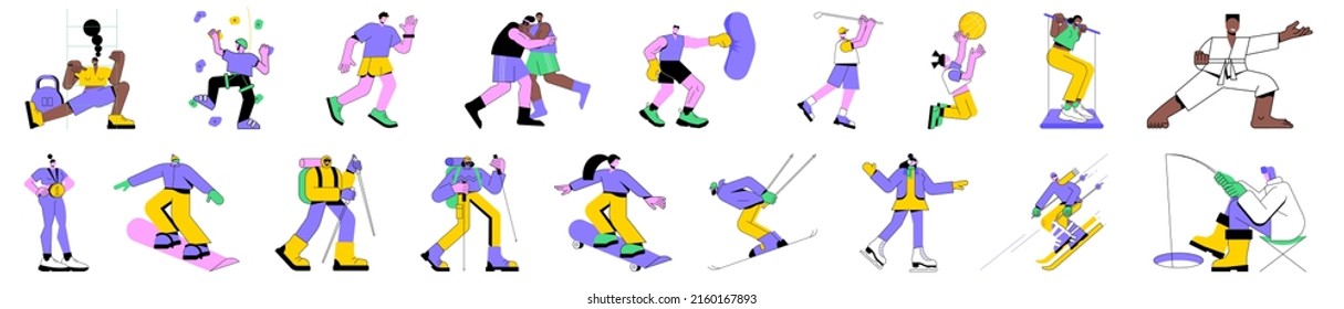 Coloridas ilustraciones vectoriales lineales de personajes aislados haciendo deporte. Invierno y verano diversión al aire libre. Esquí y patinaje, boxeo y artes marciales. Pesca de hielo y senderismo. Estilo de vida saludable.