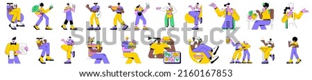 Colorful linear vector illustration set of isolated characters. Cafe and bar clients, restaurant chef and waiter, cooking meal recipes, street food snack, beer pub, shopping in grocery store.