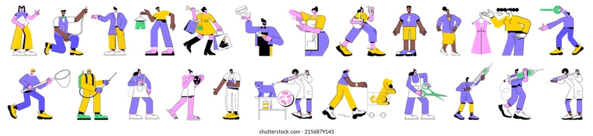 Colorful linear vector isolated illustration bundle set of people working professionals. Service workers, doctors and veterinarians. Doctor makes injection, dog grooming, barber, hairdresser stylist.