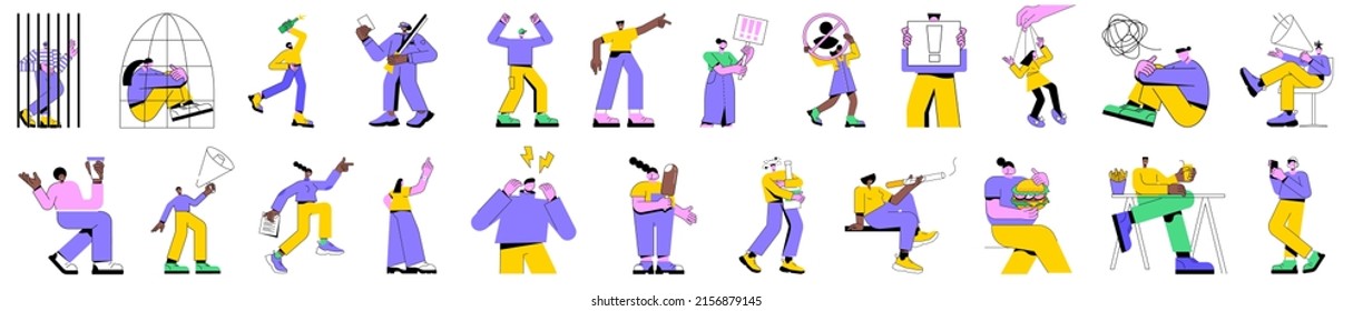 Colorful linear vector isolated illustration set of stressed and addicted people. Alcoholism and smoking, drug and fast food addiction, physical abuse, obesity men women, imprisonment and harassment.