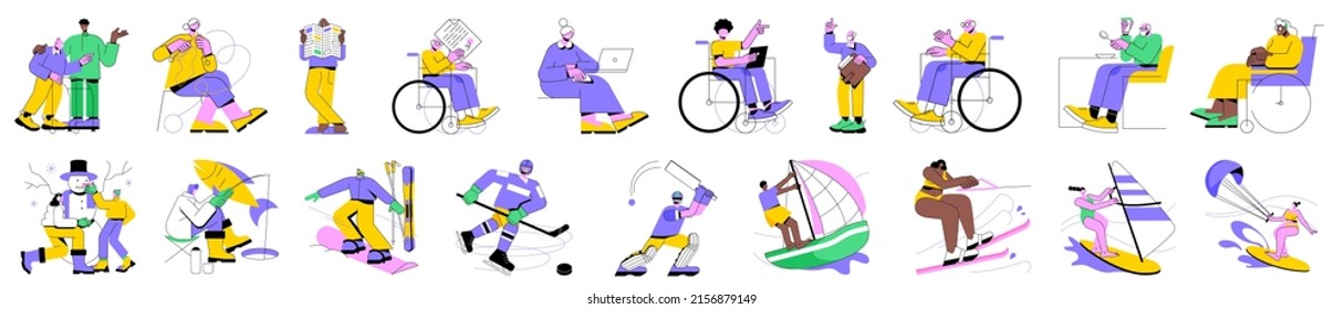 Colorido vector lineal aislado conjunto de ilustraciones de jubilados y actividades deportivas. Actividades para personas mayores, generación mayor, fitness para mayores. Invierno y verano diversión al aire libre.