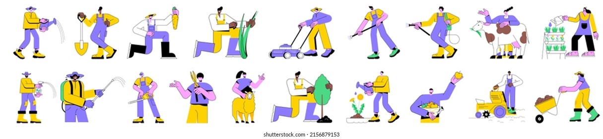 Colorful linear vector isolated illustration set of agricultural working people and gardening. Weed control, dandelion removal, lawn mowing and repair service, growing and water vegetables, sowing.