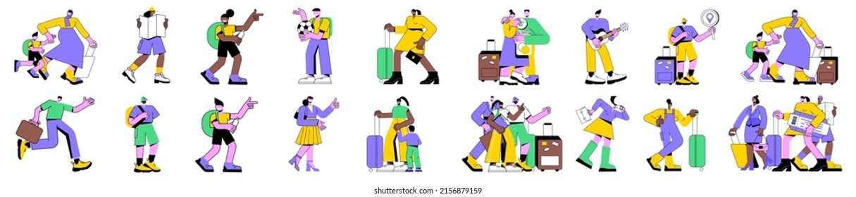 Colorful linear vector isolated illustration set of kids and travel characters. Happy family with luggage in airport, vacation and journey. Single traveler destination, plane tickets, backpacking.