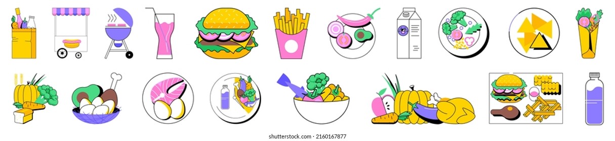 Vector lineal colorido conjunto aislado de ilustraciones de productos alimenticios. Frutas y verduras, dieta mediterránea y keto, comida orgánica, barbacoa y taco, hamburguesa y patatas fritas, cocina nacional.