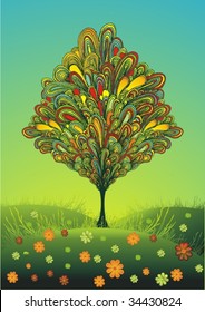 colorful line-art tree on a sunny meadow with flowers