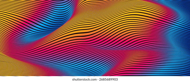 Linhas coloridas abstrato fundo sobrepor camada no espaço brilhante com decoração efeito de ondas. Elemento de design gráfico moderno listras conceito de estilo para web, cartaz, folheto, cartão ou capa de brochura