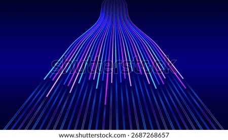 Colorful lines converging into the distance on a dark blue backdrop, abstract digital background. The perspective design creates a sense of speed, motion, and data flow.