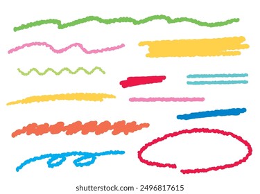 Colorful lines of crayons, chalk and colored pencils